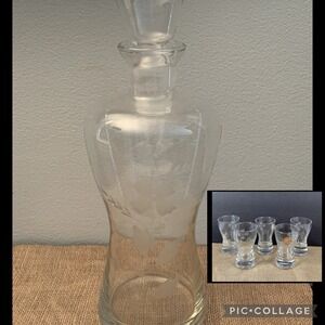 Vintage Pasabahce Etched Floral Glass Decanter Bottle Stopper 5 Shot Glasses Set